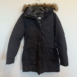 The North Face Women's Black Parka Jacket Coat faux fur trim size small winter